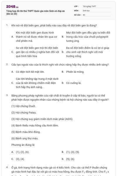 Tổng hợp đề thi thử THPT Quốc gia môn Sinh có đáp án (Đề số 20)