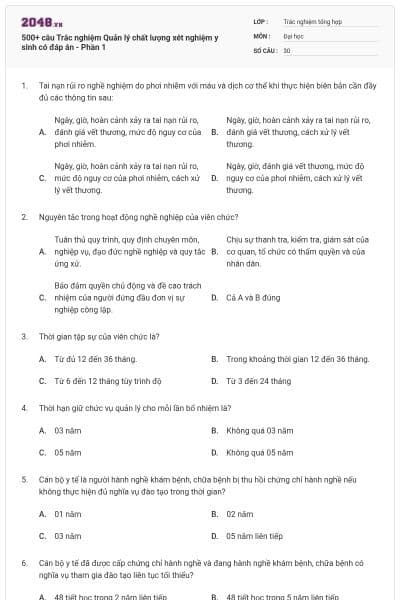 500+ câu Trắc nghiệm Quản lý chất lượng xét nghiệm y sinh có đáp án - Phần 1