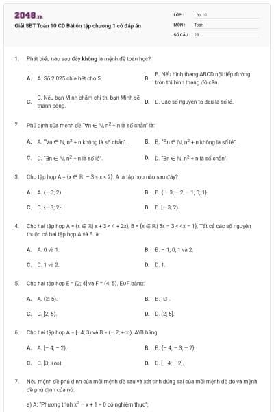 Giải SBT Toán 10 CD Bài ôn tập chương 1 có đáp án
