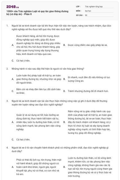 1000+ câu Trắc nghiệm Luật và quy tắc giao thông đường bộ (có đáp án) - Phần 8