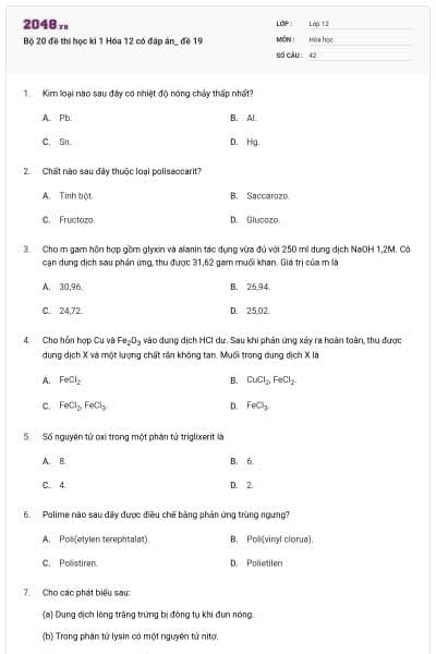 Bộ 20 đề thi học kì 1 Hóa 12 có đáp án_ đề 19