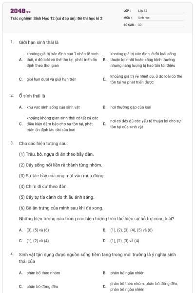 Trắc nghiệm Sinh Học 12 (có đáp án): Đề thi học kì 2