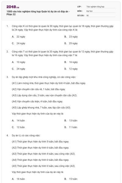 1000 câu trắc nghiệm tổng hợp Quản trị dự án có đáp án  - Phần 32