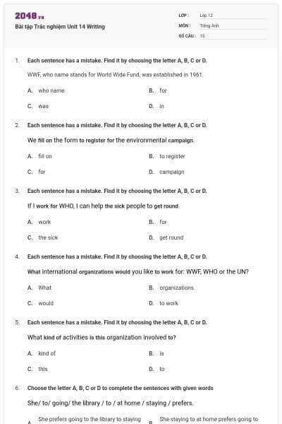 Bài tập Trắc nghiệm Unit 14 Writing