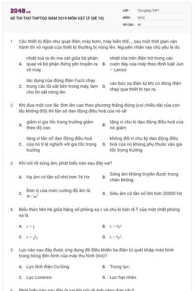 ĐỀ THI THỬ THPTQG NĂM 2019 MÔN VẬT LÝ (ĐỀ 10)