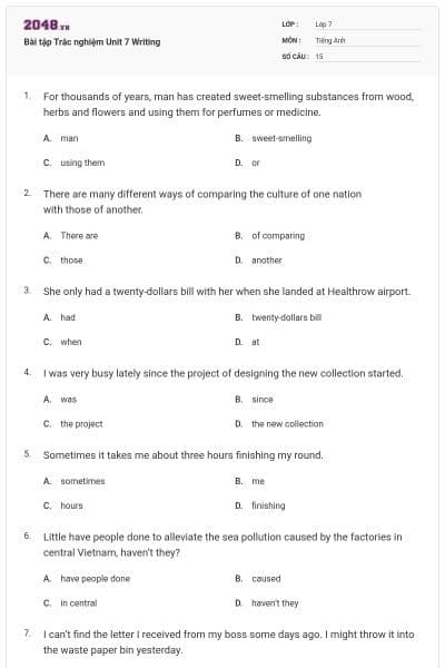 Bài tập Trắc nghiệm Unit 7 Writing