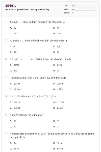 Bài kiểm tra giữa kì II môn Toán lớp 5 (Đề số 21)