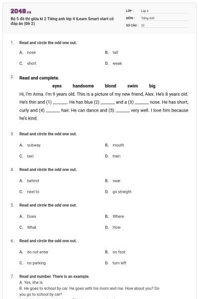 Bộ 5 đề thi giữa kì 2 Tiếng anh lớp 4 iLearn Smart start có đáp án (Đề 2)