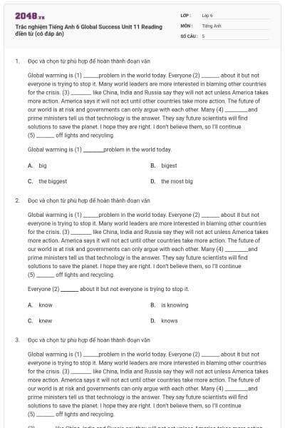 Trắc nghiệm Tiếng Anh 6 Global Success Unit 11 Reading điền từ (có đáp án)