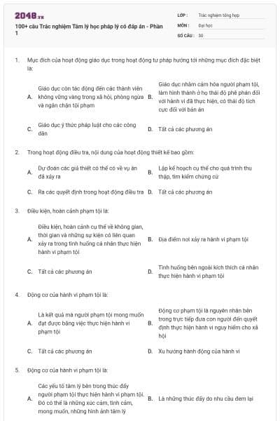 100+ câu Trắc nghiệm Tâm lý học pháp lý có đáp án - Phần 1