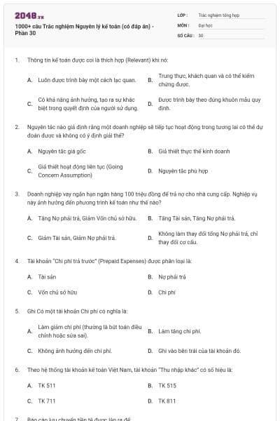 1000+ câu Trắc nghiệm Nguyên lý kế toán (có đáp án) - Phần 30