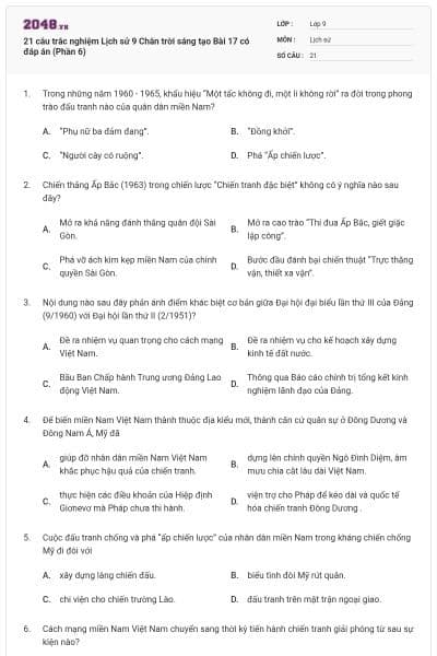 21 câu trắc nghiệm Lịch sử 9 Chân trời sáng tạo Bài 17 có đáp án (Phần 6)