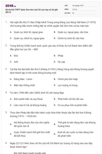 Đề thi thử THPT Quốc Gia môn Lịch Sử cực hay có lời giải (Đề 2)