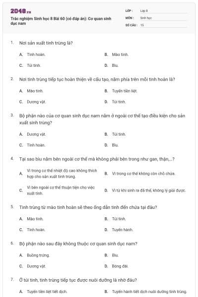 Trắc nghiệm Sinh học 8 Bài 60 (có đáp án): Cơ quan sinh dục nam