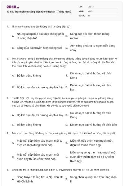 13 câu Trắc nghiệm Sóng điện từ có đáp án ( Thông hiểu )