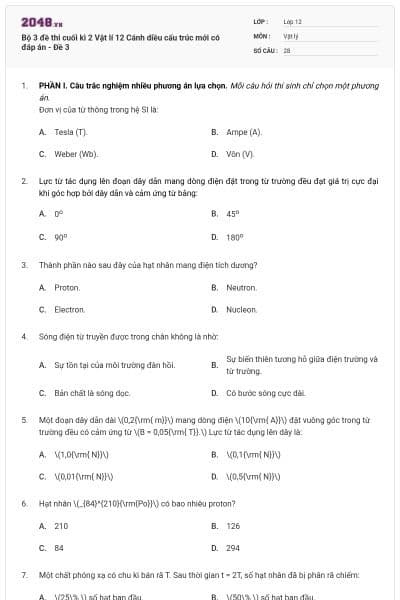 Bộ 3 đề thi cuối kì 2 Vật lí 12 Cánh diều cấu trúc mới có đáp án - Đề 3