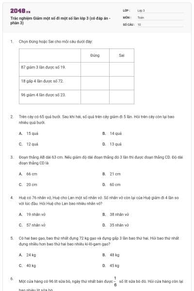 Trắc nghiệm Giảm một số đi một số lần lớp 3 (có đáp án - phần 3)