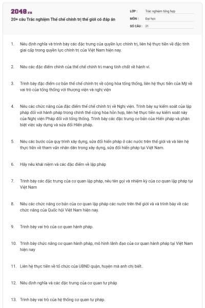 20+ câu Trắc nghiệm Thể chế chính trị thế giới có đáp án