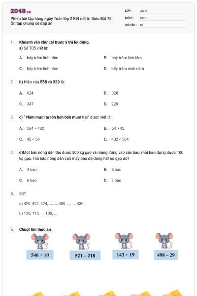Phiếu bài tập hàng ngày Toán lớp 2 Kết nối tri thức Bài 75. Ôn tập chung có đáp án