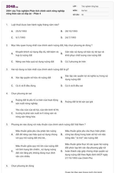 200+ câu Trắc nghiệm Phân tích chính sách nông nghiệp nông thôn sản có đáp án - Phần 4