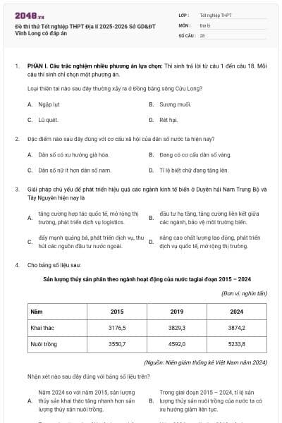 Đề thi thử Tốt nghiệp THPT Địa lí 2025-2026 Sở GD&ĐT Vĩnh Long có đáp án