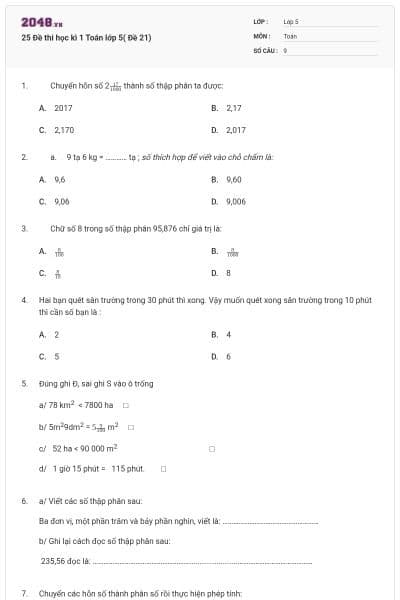 25 Đề thi học kì 1 Toán lớp 5( Đề 21)