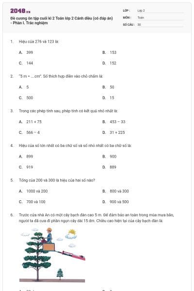 Đề cương ôn tập cuối kì 2 Toán lớp 2 Cánh diều (có đáp án) - Phần I. Trắc nghiệm