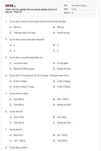 1000+ câu Trắc nghiệm Kế toán doanh nghiệp vận tải (có đáp án) - Phần 28