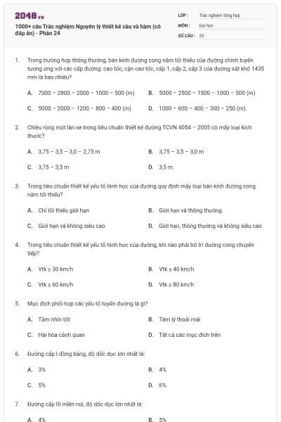 1000+ câu Trắc nghiệm Nguyên lý thiết kế cầu và hầm (có đáp án) - Phần 24