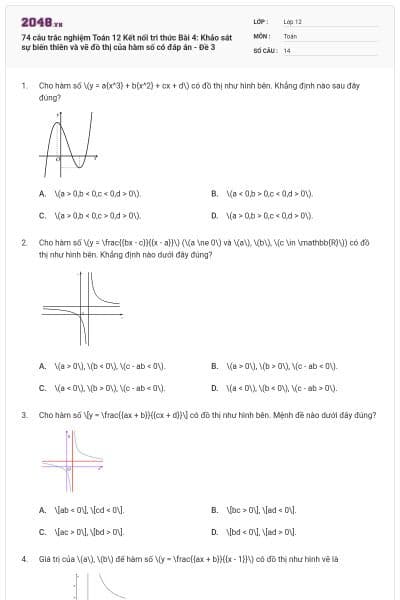 74 câu trắc nghiệm Toán 12 Kết nối tri thức Bài 4: Khảo sát sự biến thiên và vẽ đồ thị của hàm số có đáp án - Đề 3