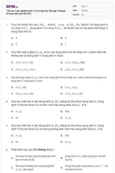 128 câu  Trắc nghiệm Hóa 12 (có đáp án): Bài tập lí thuyết về hợp chất của sắt (P2)