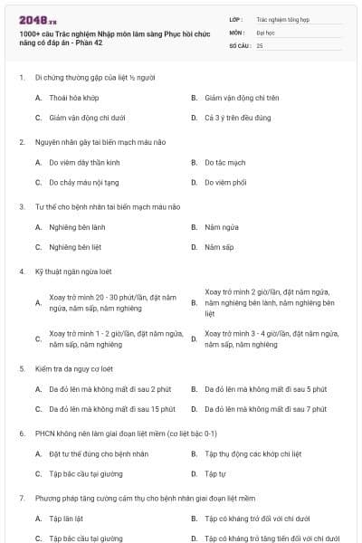 1000+ câu Trắc nghiệm Nhập môn lâm sàng Phục hồi chức năng có đáp án - Phần 42