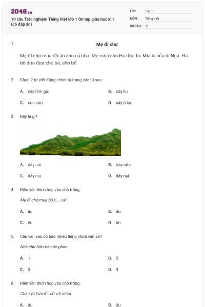 10 câu Trắc nghiệm Tiếng Việt lớp 1 Ôn tập giữa học kì 1 (có đáp án)