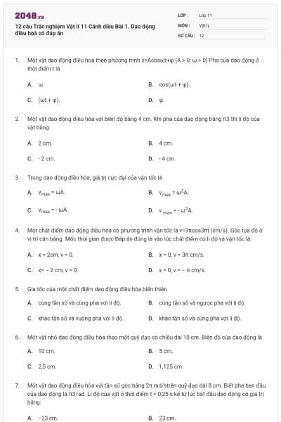 12 câu Trắc nghiệm Vật lí 11 Cánh diều Bài 1. Dao động điều hoà có đáp án