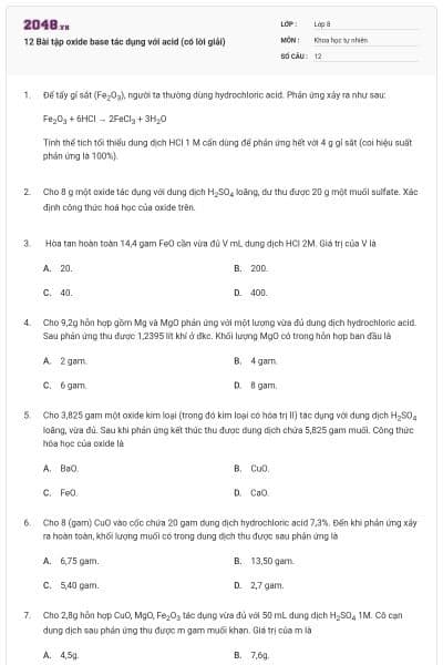 12 Bài tập oxide base tác dụng với acid (có lời giải)
