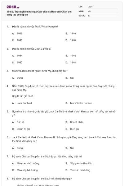 10 câu Trắc nghiệm tác giả Can-phiu và Han-sen Chân trời sáng tạo có đáp án