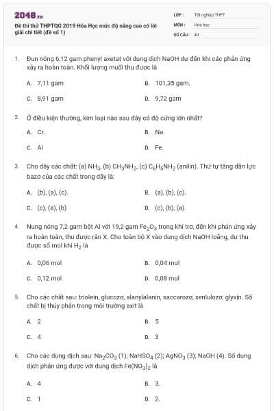 Đề thi thử THPTQG 2019 Hóa Học mức độ nâng cao có lời giải chi tiết (đề số 1)