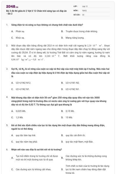 Bộ 3 đề thi giữa kì 2 Vật lí 12 Chân trời sáng tạo có đáp án - Đề 2