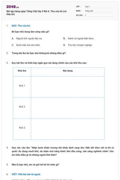 Bài tập hàng ngày Tiếng Việt lớp 5 Bài 6. Thư của bố (có đáp án)