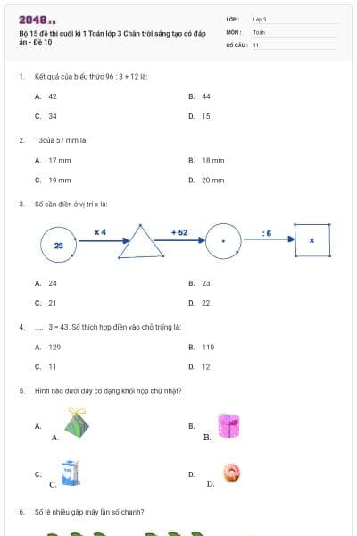 Bộ 15 đề thi cuối kì 1 Toán lớp 3 Chân trời sáng tạo có đáp án - Đề 10