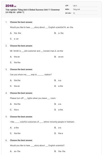 Trắc nghiệm Tiếng Anh 6 Global Success Unit 11 Grammar (có đáp án - phần 1)