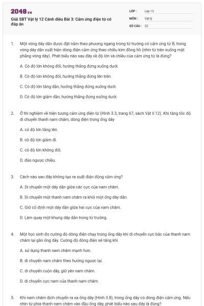 Giải SBT Vật lý 12 Cánh diều Bài 3: Cảm ứng điện từ có đáp án
