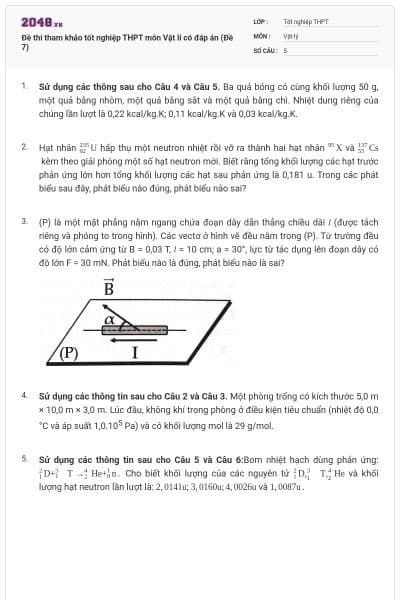 Đề thi tham khảo tốt nghiệp THPT môn Vật lí có đáp án (Đề 7)