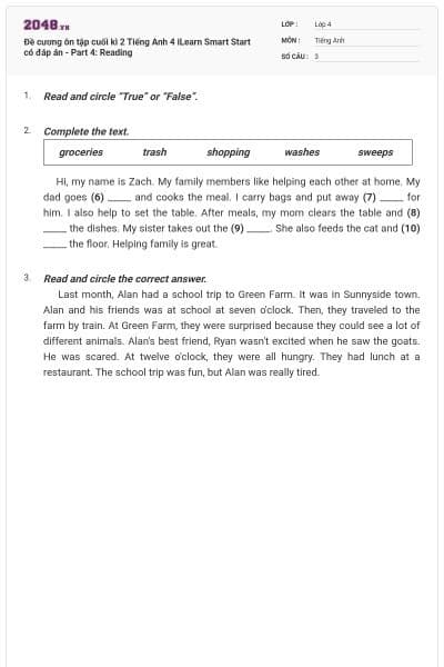 Đề cương ôn tập cuối kì 2 Tiếng Anh 4 iLearn Smart Start có đáp án - Part 4: Reading