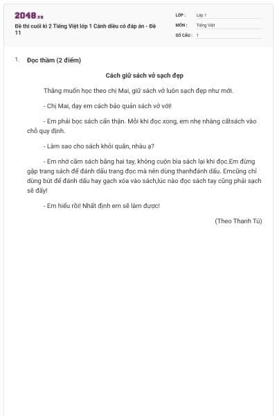 Đề thi cuối kì 2 Tiếng Việt lớp 1 Cánh diều có đáp án - Đề 11