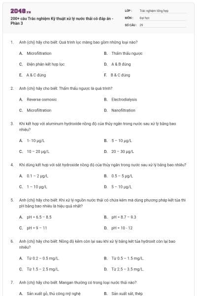 200+ câu Trắc nghiệm Kỹ thuật xử lý nước thải có đáp án - Phần 3