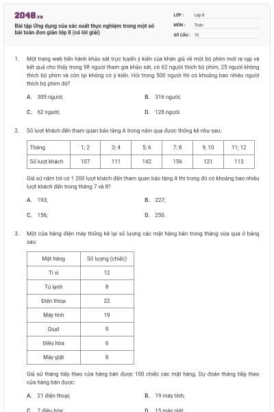 Bài tập Ứng dụng của xác suất thực nghiệm trong một số bài toán đơn giản lớp 8 (có lời giải)