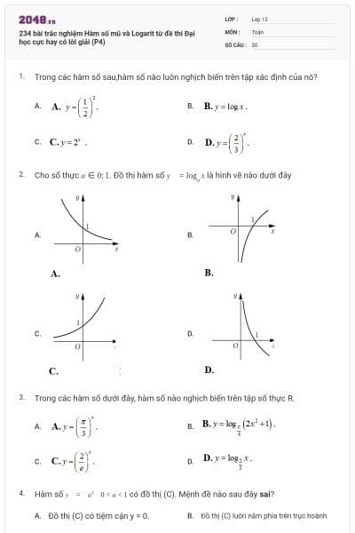 234 bài trắc nghiệm Hàm số mũ và Logarit từ đề thi Đại học cực hay có lời giải (P4)