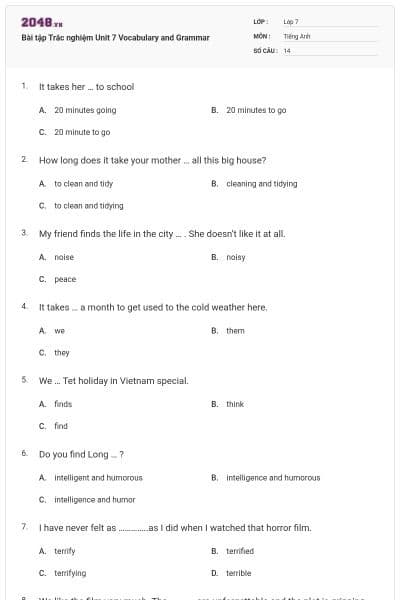 Bài tập Trắc nghiệm Unit 7 Vocabulary and Grammar