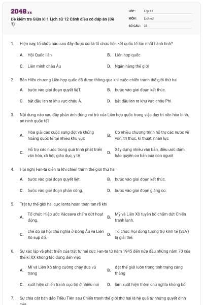 Đề kiểm tra Giữa kì 1 Lịch sử 12 Cánh diều có đáp án (Đề 1)